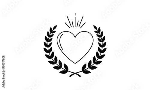Heart vector with laurel wreath and shining rays illustration for love or award line art.