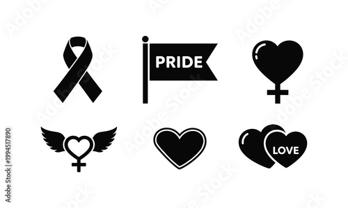 Love and pride vector elements set containing hearts flags and awareness ribbon silhouettes.
