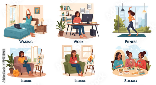 Illustrative scenes depicting a balanced daily routine for women, showcasing essential aspects of work, relaxation, fitness, and social interactions for a holistic lifestyle