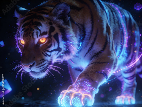 Tiger with neon edge lighting and futuristic cinematic style