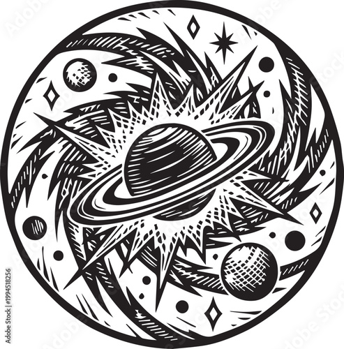 Cosmic Saturn‑style planet vector illustration with rings, stars, and galactic energy bursts