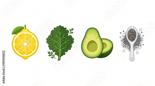 Healthy Superfood Icons Set with Lemon Kale Avocado and Chia Seeds
