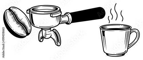 Coffee preparation set with coffee bean portafilter and steaming cup in vintage line art style