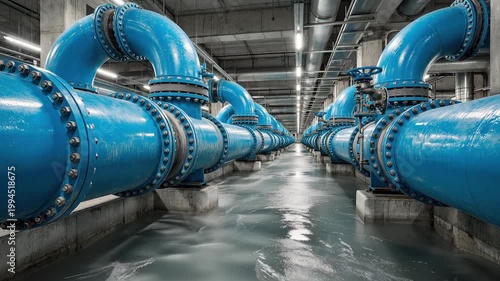Large blue industrial water pipes and metal valve with concrete structure, indoor utility, clean water flow, modern infrastructure, symmetrical design