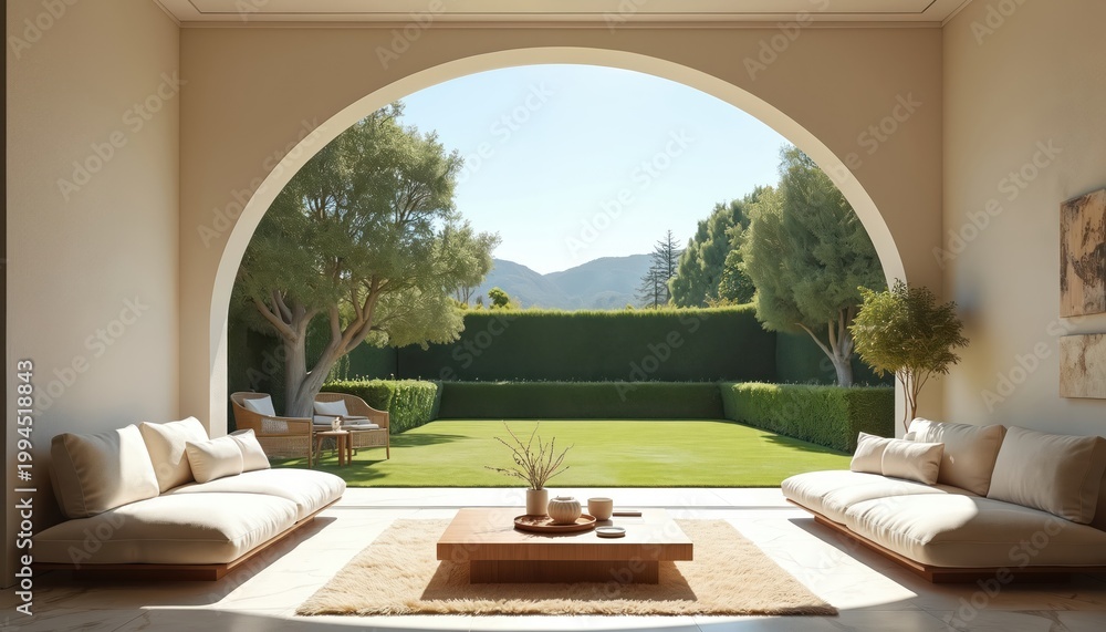 Fototapeta premium Minimalist interior with sofas opens to manicured garden view. Archway frames green lawn trees and distant hills. Bright sunny day creates peaceful ambiance.