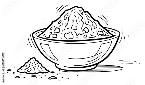 Bowl filled with ritual powder for Holi or religious ceremonies in sketchy ink style