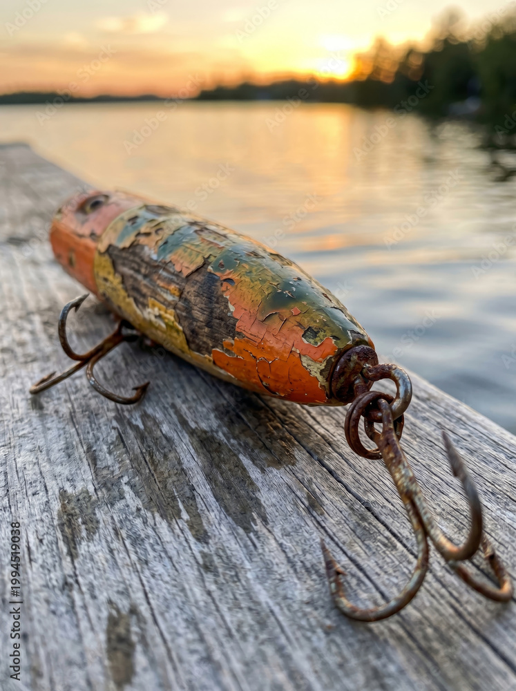 Fototapeta premium Vintage wooden fishing lure on a rustic pier at sunset