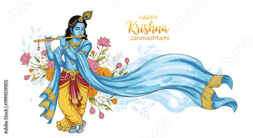 Lord Krishna playing flute with flowers for Hindu festival celebration