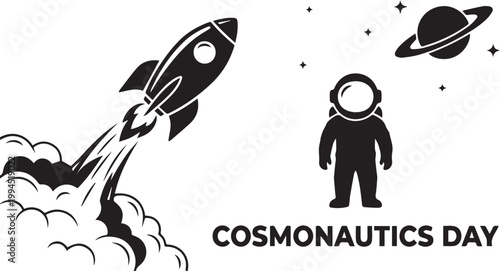 Cosmonautics Day vector illustration with rocket, astronaut, planet, and celebratory text