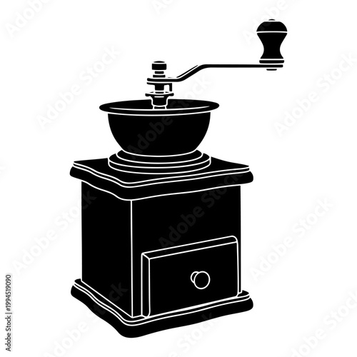 Manual coffee grinder mill with handle in vintage graphic silhouette style