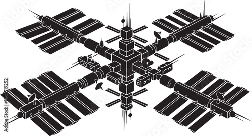 Space station vector illustration with orbital modules and solar panel arrays
