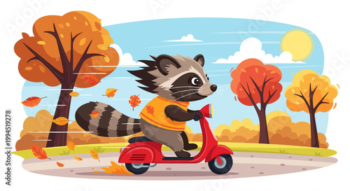 Cute cartoon raccoon riding a red motor scooter through an autumn park with falling leaves