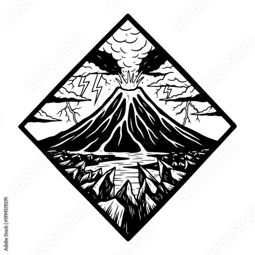 Volcano erupting with lava and lightning in a dramatic diamond black and white vector frame