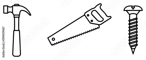 Foto Hammer saw and screw carpenter tools set in minimalist line art style