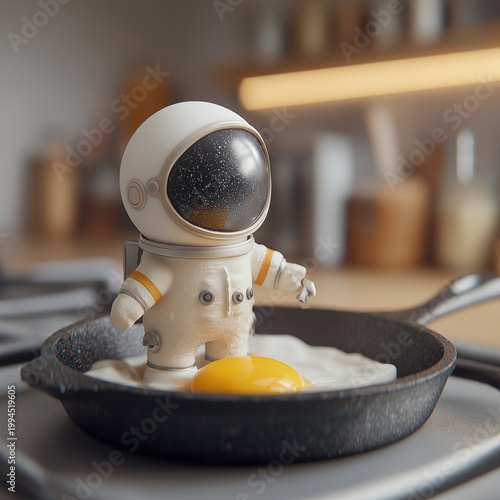 Egg in Astronaut Helmet Cooking in Frying Pan – Whimsical Breakfast Adventure Concept

