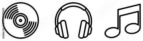 Music icons set featuring vinyl record headphones and musical note in clean line art style