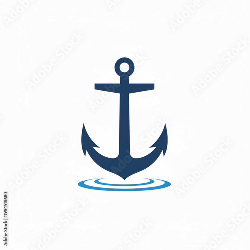 Anchor logo with blue silhouette and ripples, simple vector style for marine business and nautical branding