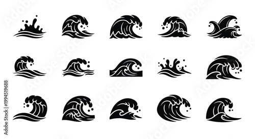 Ocean wave icons set, black sea surf silhouettes, 15 minimalist water splash vector elements, decorative nautical wave symbols for logo design