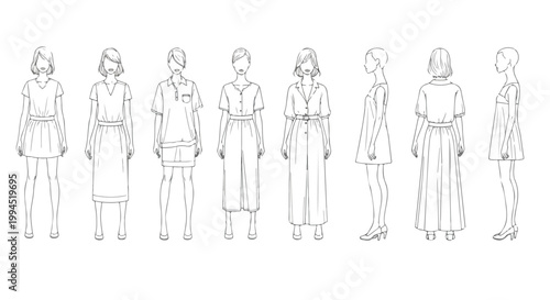 Fashion technical drawing of women's dresses, set of 8 female clothing flat sketches, apparel design templates for garment manufacturing and tech packs