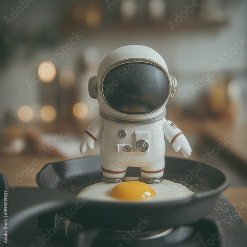 Egg in Astronaut Helmet Cooking in Frying Pan – Whimsical Breakfast Adventure Concept

