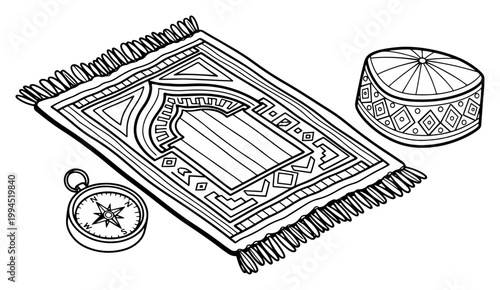 Islamic prayer rug with kufi cap and qibla compass in detailed sketch style