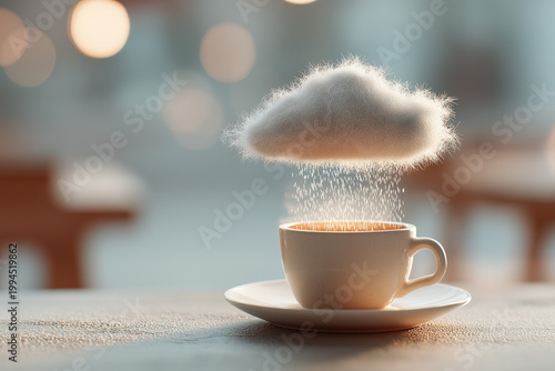 White Coffee Cup with Tiny Raincloud Pouring Rain Above It – Whimsical Monday Morning Mood Concept

