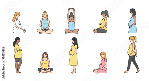 Pregnant women yoga and fitness set, 10 vector illustrations of expectant mothers in active poses, prenatal health and wellness collection