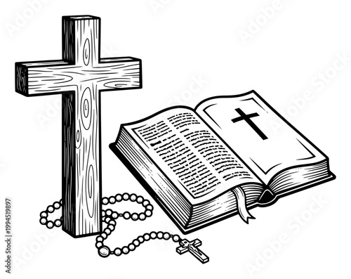 Holy Bible with wooden cross and rosary beads in vintage engraving style