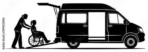 Assistant helping person in wheelchair enter accessible van via ramp in minimalist silhouette vector style