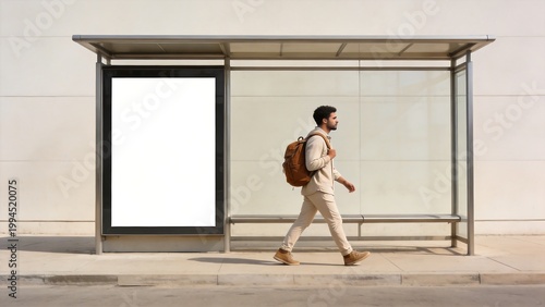 Man walking past bus stop with blank sign