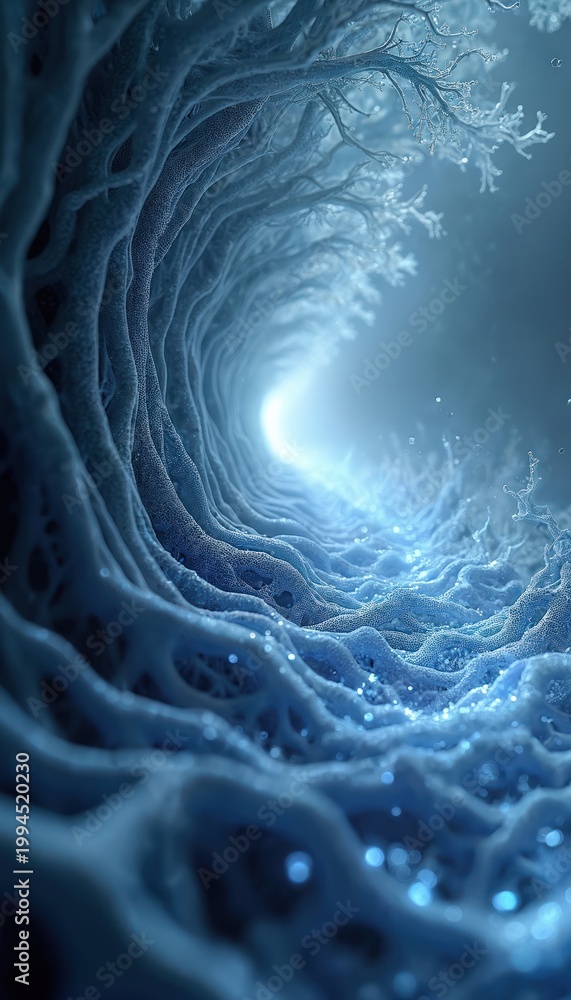 Obraz premium Abstract organic structure glows with light. Root like tendrils and crystalline patterns create a detailed microscopic network. Forms a natural background for science or medical concepts.