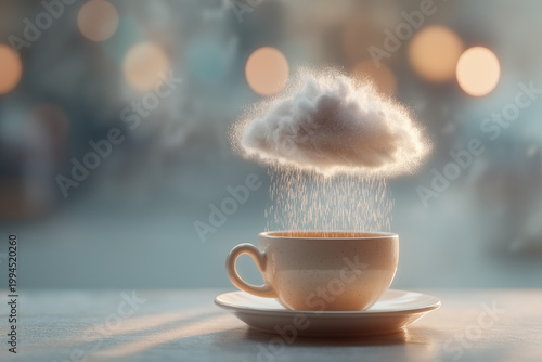White Coffee Cup with Tiny Raincloud Pouring Rain Above It – Whimsical Monday Morning Mood Concept

