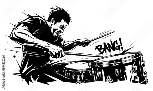 Energetic drummer playing drums with bang text in dynamic ink sketch style