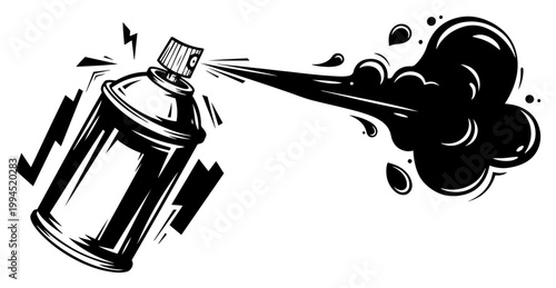 Spray paint can releasing paint cloud in gritty graffiti sketch style