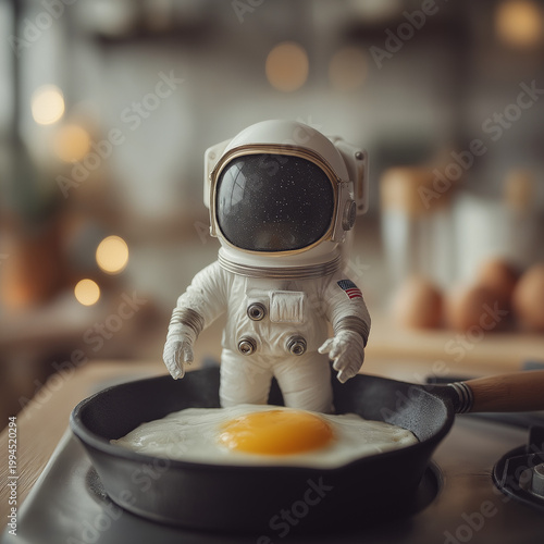 Egg in Astronaut Helmet Cooking in Frying Pan – Whimsical Breakfast Adventure Concept

