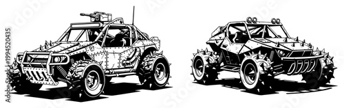 Off-road buggy vehicles with spikes and roll cages for post-apocalyptic survival in detailed black and white vector style