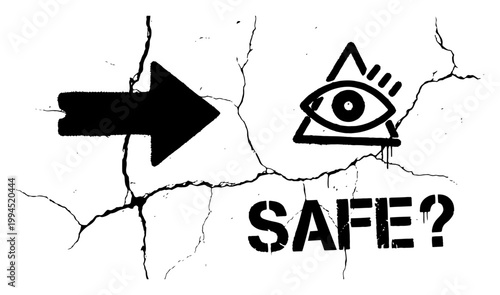 Urban graffiti on cracked wall featuring arrow eye symbol and safe text in stencil black and white vector style