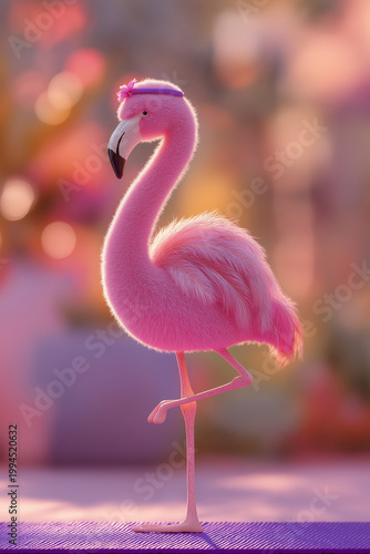 Pink Flamingo with Headband in Yoga Tree Pose on Purple Mat – Whimsical Wellness Animal Concept


