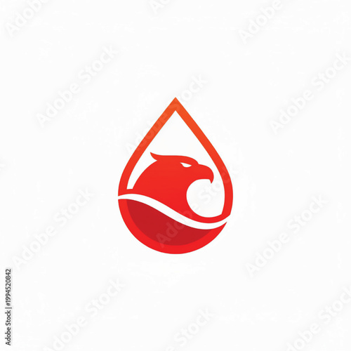 Water drop logo with bold red eagle head icon and clean white background for sports, energy, and nature branding