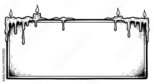 Rectangular horizontal frame decorated with melting wax and lit candles in gothic ink sketch style