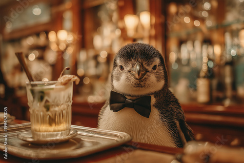 Emperor Penguin in Bow Tie Serving Fish Cocktail at Fine Dining Restaurant – Whimsical Animal Waiter Concept


