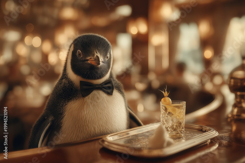 Emperor Penguin in Bow Tie Serving Fish Cocktail at Fine Dining Restaurant – Whimsical Animal Waiter Concept


