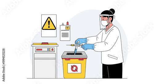 Healthcare worker safely disposes of medical waste in biohazard bin