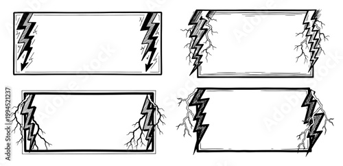 Rectangular text frames with lightning bolts and electric cracks in hand drawn doodle style