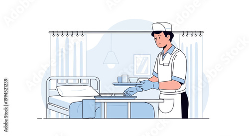 Healthcare worker serving food tray in hospital room with bed and curtains