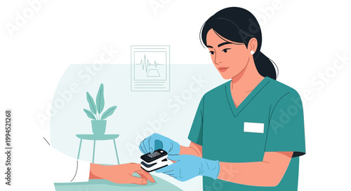 Nurse checks patient's oxygen saturation with pulse oximeter, healthcare concept