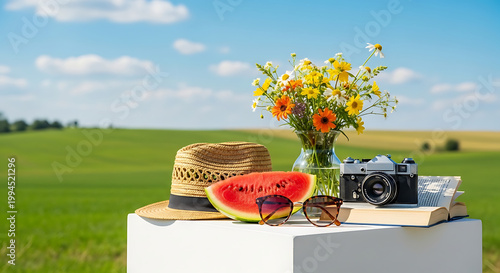 Summer picnic still life with straw hat, sliced watermelon, sunglasses, vintage camera, book and wildflowers, set against rolling green fields and a blue sky
