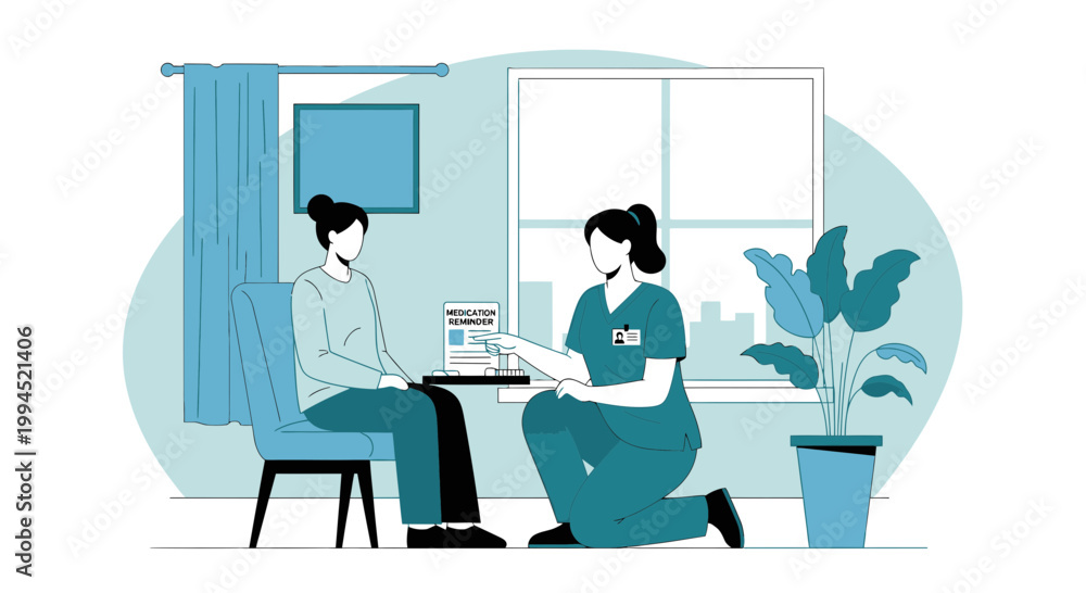 Fototapeta premium Nurse consulting patient about medication at home, healthcare and support concept