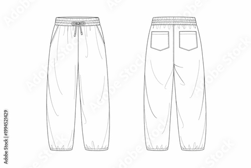 Jogger Pants Technical Fashion Illustration Front and Back View Garment Sketch