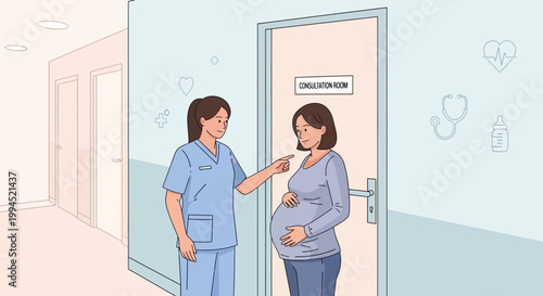 Nurse consulting pregnant woman outside consultation room in hospital corridor